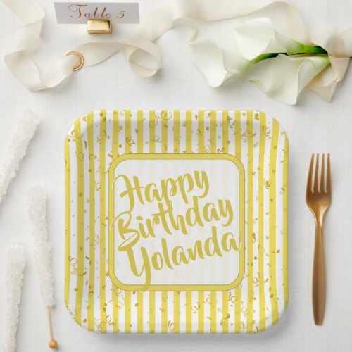 Name Happy Birthday Yellow Simple Stripes Pattern Paper Plates