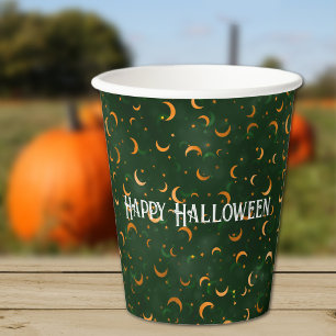 Name, Happy Halloween Crescent Moons Pattern Paper Cups