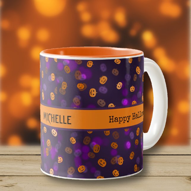 Name, Happy Halloween Jack o Lantern Pumpkins 11oz Two-Tone Coffee Mug (Creator Uploaded)