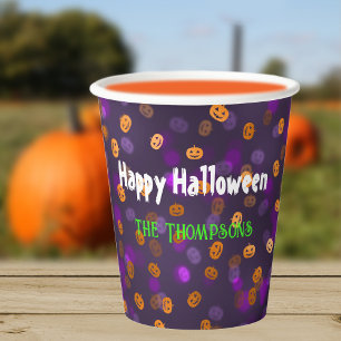 Name, Happy Halloween Smiling Pumpkins Bokeh 8oz Paper Cups