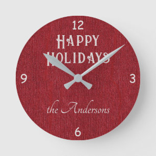 Name, Happy Holidays Red Denim Print Round Clock