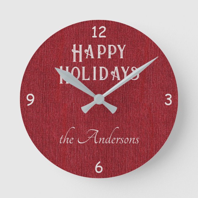Name, Happy Holidays Red Denim Print Round Clock (Front)