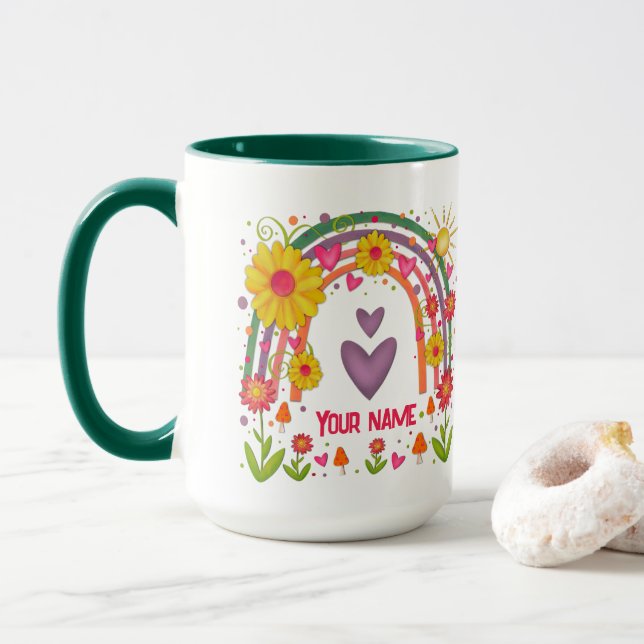 Name Happy Rainbow Cute Inspirivity Coffee Mug (With Donut)