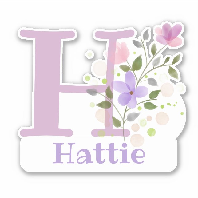 Name Hattie & Initial with Floral Design Sticker (Front)