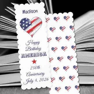Name, Heart Flag, Happy Birthday America Scalloped Bookmarks