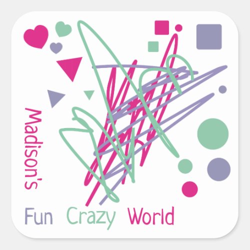 Name Hearts Squares Dots Triangles Fun Crazy World Square Sticker