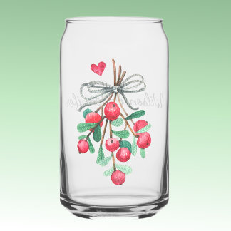 Name, Holiday Watercolor Mistletoe & Berries 16oz Can Glass