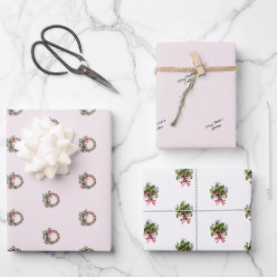 Name, Holly & Berries Bouquet and Wreath 3pc Wrapping Paper Sheets