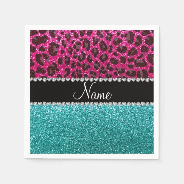Name hot pink glitter leopard turquoise glitter paper napkins (Front)