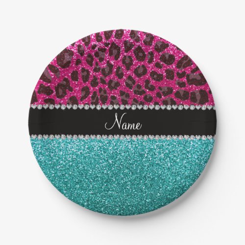 Name hot pink glitter leopard turquoise glitter paper plates