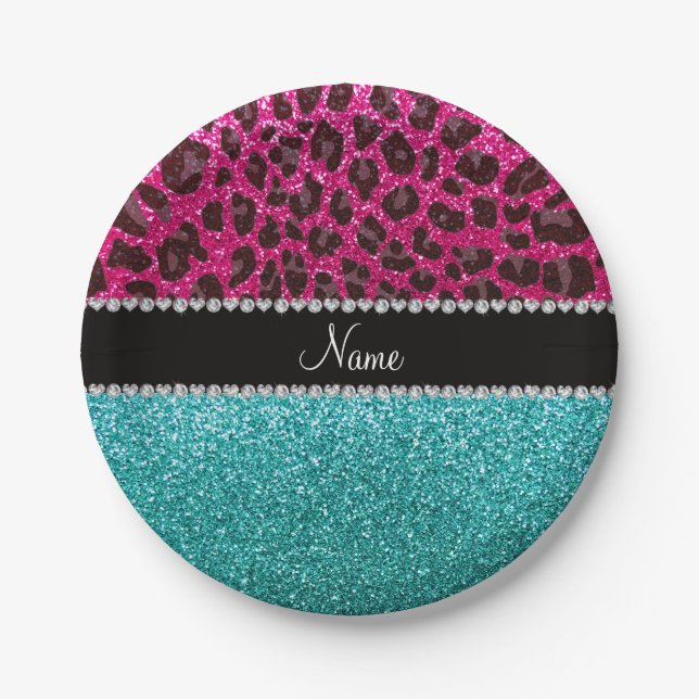 Name hot pink glitter leopard turquoise glitter paper plates (Front)