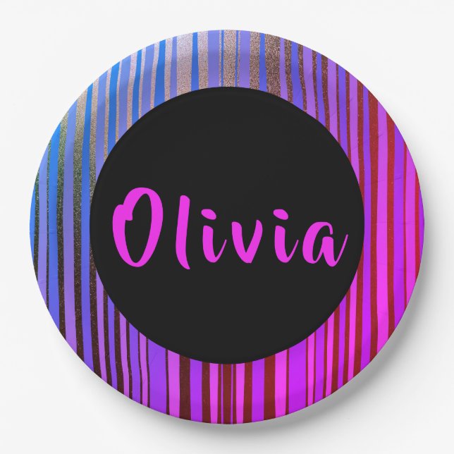 Name Hot Pink Purple Black Gold Birthday Party Paper Plates (Front)