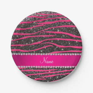 Name hot pink zebra stripes dark gray glitter paper plates