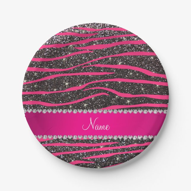 Name hot pink zebra stripes dark gray glitter paper plates (Front)