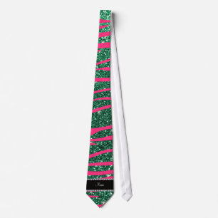 Name hot pink zebra stripes mint green glitter neck tie
