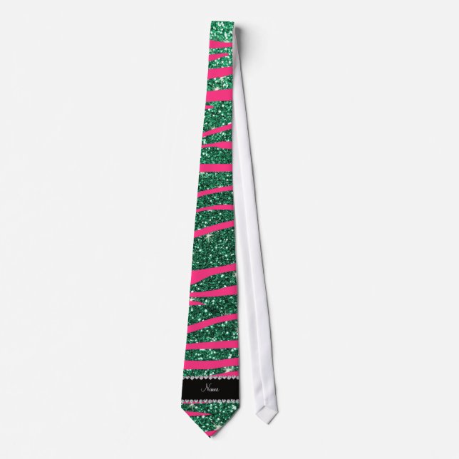 Name hot pink zebra stripes mint green glitter neck tie (Front)