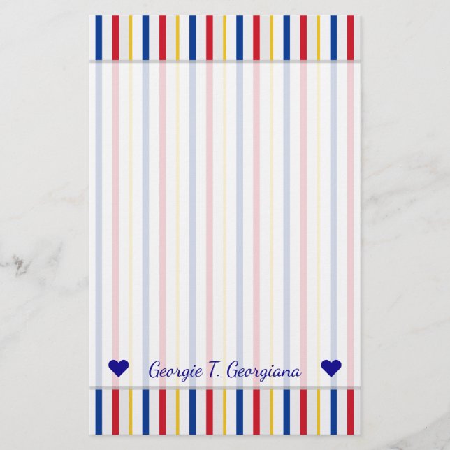 Name + Ice Hockey Arena Rink-Inspired Stripes Stationery (Front)