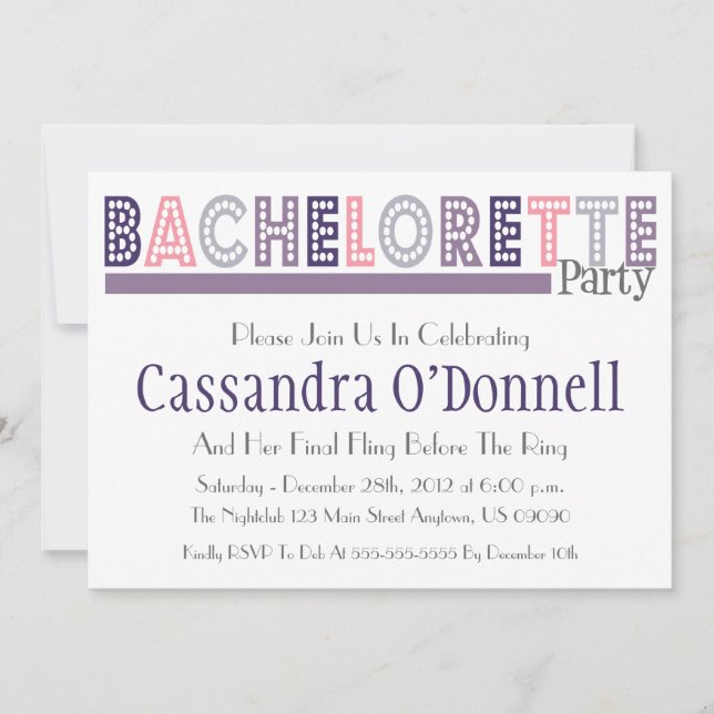 Name In Lights Bachelorette Party Invites (Purple) (Front)