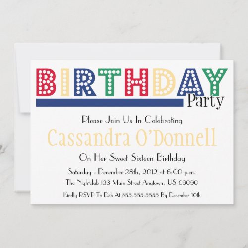 Name In Lights Birthday Party Invitations Blue