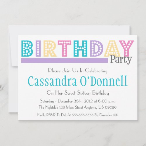 Name In Lights Birthday Party Invitations Purple