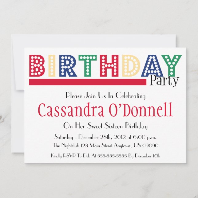 Name In Lights Birthday Party Invitations (Red) (Front)