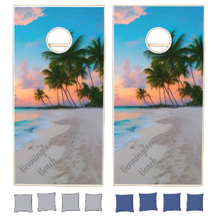 Name in The Sand Tropical Beach Sunset Cornhole Set