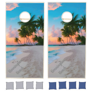 Name in The Sand Tropical Beach Sunset Cornhole Set