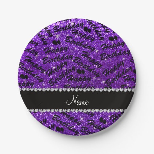 Name indigo purple glitter happy birthday balloons paper plates