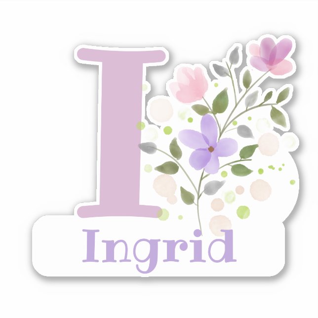 Name Ingrid & Initial with Floral Design Sticker (Front)