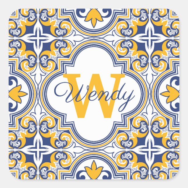💙💛 Name + initial Azulejos Square Sticker (Front)