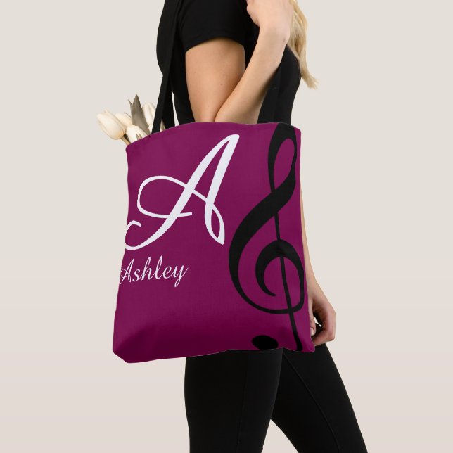 Name, initial & black treble clef wine music tote bag (Close Up)