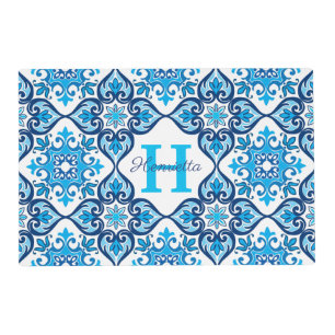 💙🤍 Name + initial blue - white Azulejos X,   Placemat