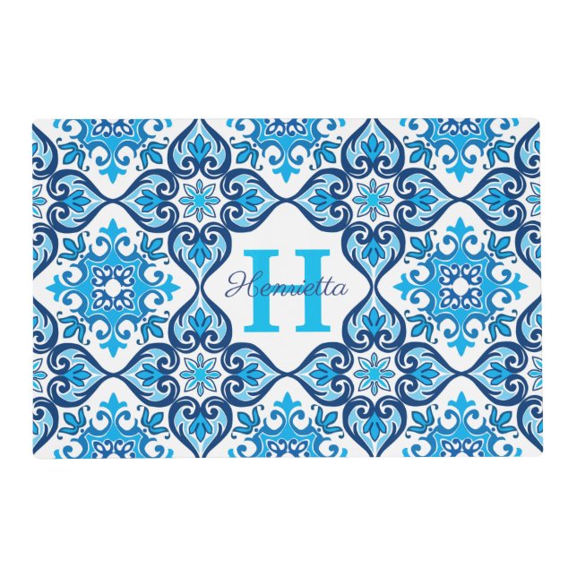 💙🤍 Name + initial blue - white Azulejos X,   Placemat (Front)