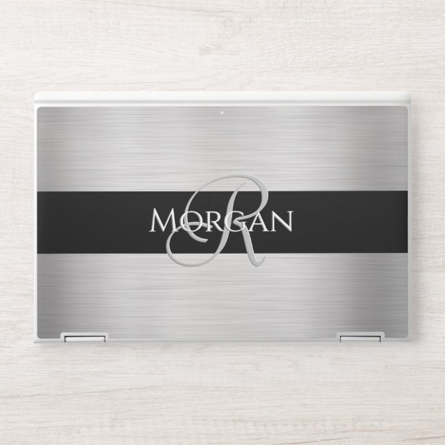 Name & Initial, Brushed Silver & Black Stripe HP L Laptop Skin (Front)