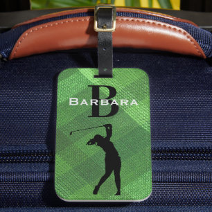 Name Initial, Female Golfer Silhouette Green Plaid Luggage Tag