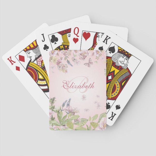 Name + Initial Girly Pink Wildflowers + Butterfly Poker Cards (Back)