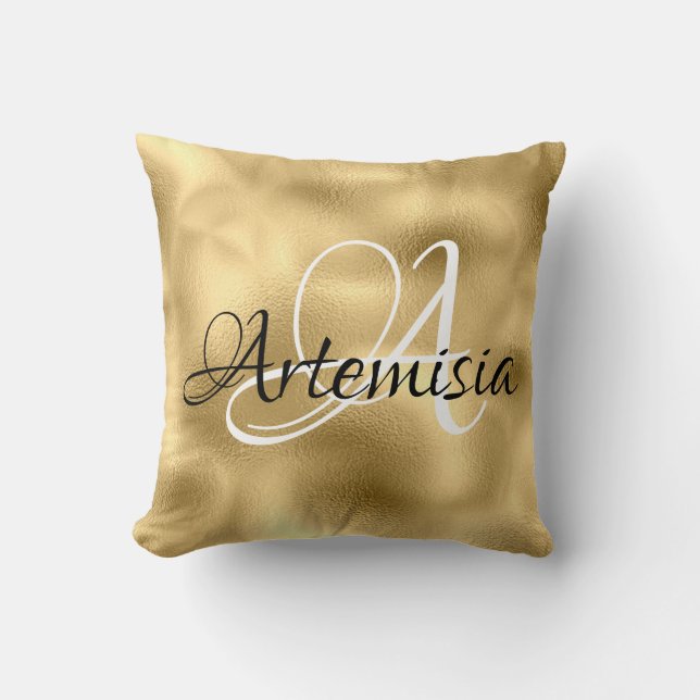 Name Initial Glass Gold Metallic Glass Faux Sepia Throw Pillow (Front)