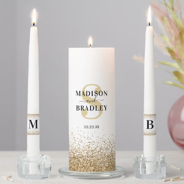 Name & Initial Gold Glitter Wedding Unity Candle Set (In Situ)
