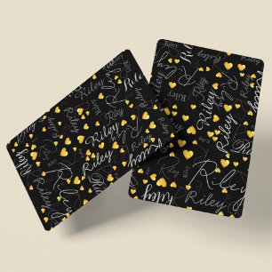 Name Initial & Gold Hearts Black Poker Cards
