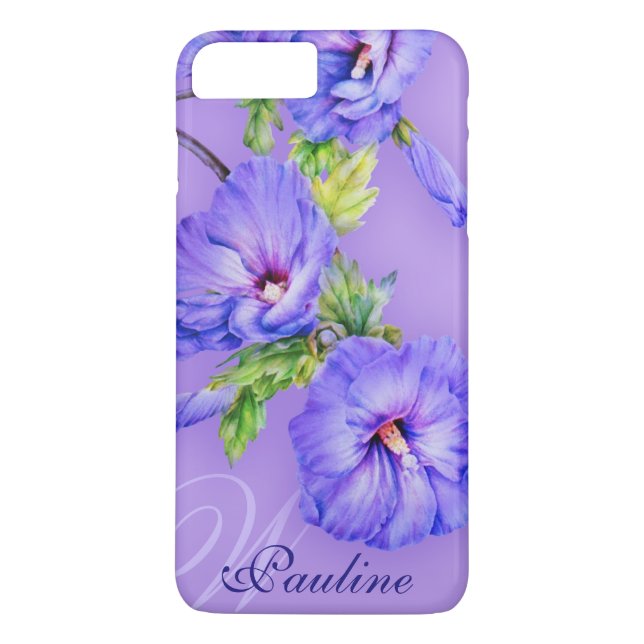 Name & initial hibiscus blue purple iphone case (Back)