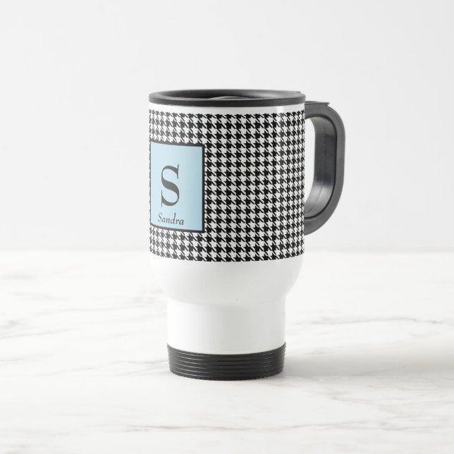 Name & Initial Houndstooth Vintage Blue 15oz Travel Mug (Front Right)