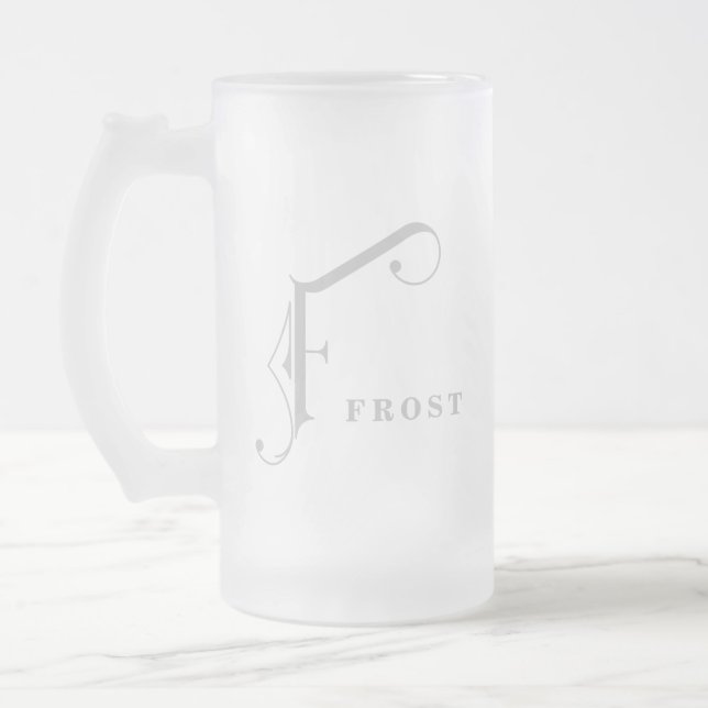 Name & Initial Monogram Letter F Custom Frosted Glass Beer Mug (Left)