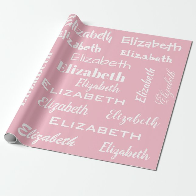 Name Initial Monogram Pink White Personalized Gift Wrapping Paper (Unrolled)