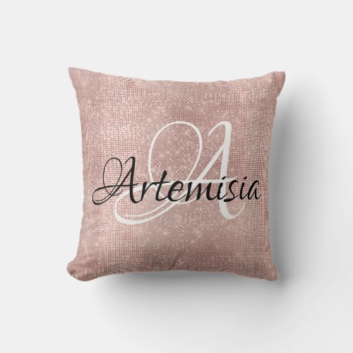 Name Initial Pink Rose Gold Blush Sparkly Brushed Throw Pillow