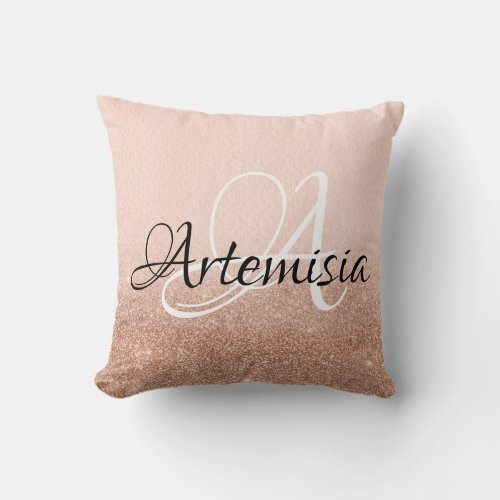 Name Initial Pink Rose Gold Glitter Ombre Throw Pillow