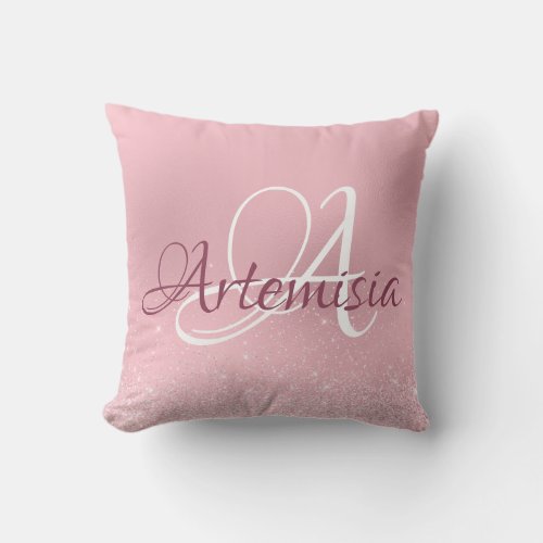 Name Initial Pink Rose Gold Glitter White Sparkly Throw Pillow