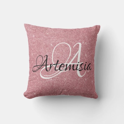Name Initial Pink Rose White Sparkle Girly Sweet Throw Pillow