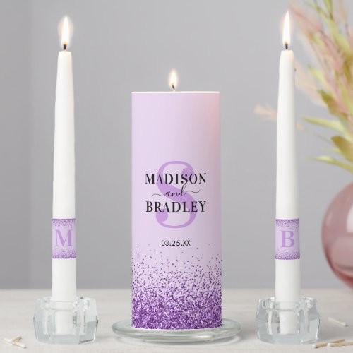 Name  Initial Purple Glitter Wedding Unity Candle Set
