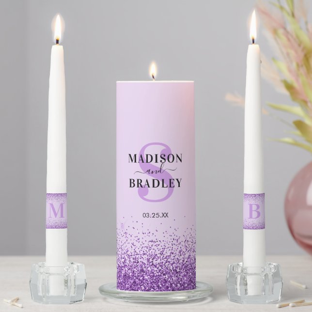 Name & Initial Purple Glitter Wedding Unity Candle Set (In Situ)