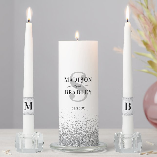 Name & Initial Silver Glitter Wedding Unity Candle Set (In Situ)